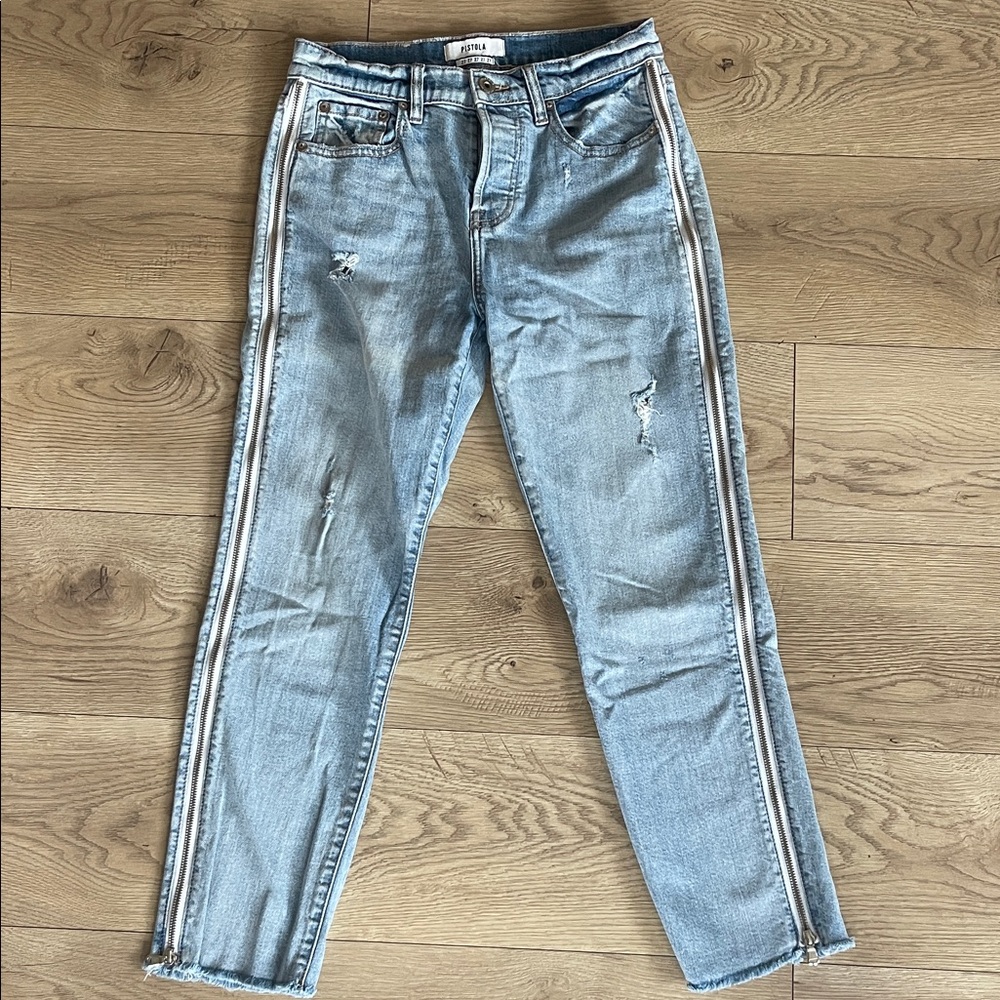 Pistola Light Blue Cropped Jeans with Side Zippers